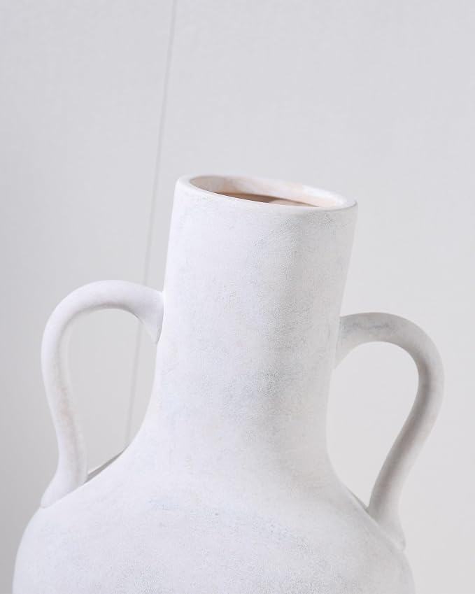 20.5in Tall Ceramic Floor Vase with Vintage Handles, White | Large Antique White Ceramic Floor Vase with Beige Speckles, Distressed Details and Vintage Handles for Rustic Home Decor