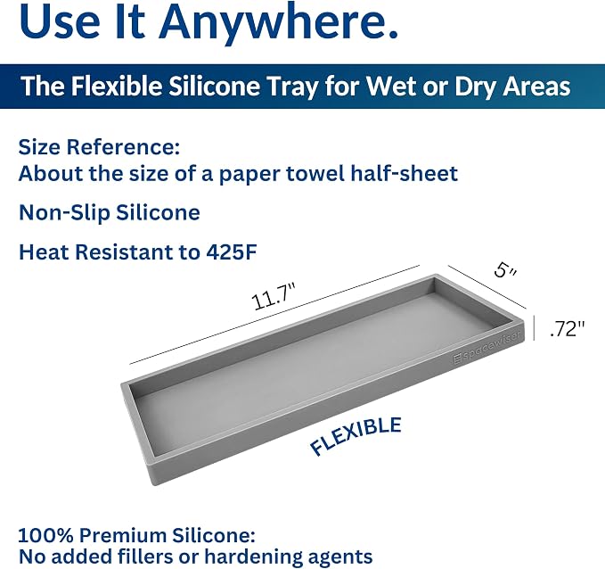 Spacewiser Countertop and Vanity Tray - 11.7" Silicone Bathroom Counter Tray, Dish Soap Trays for Kitchen Counter, Sink Organizer Caddy Accessories, Drawer Toilet Plant Shower Makeup Mat Oil Holder