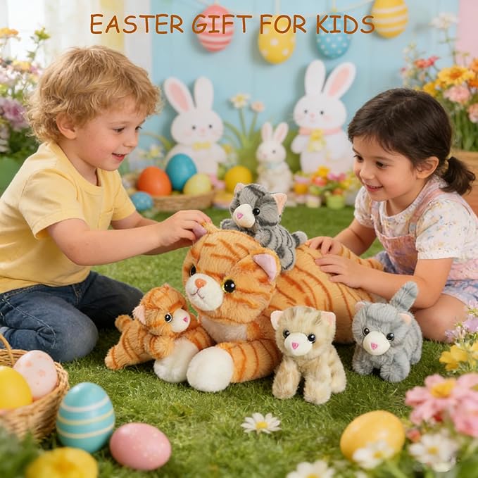 5 PCS Cat Stuffed Animal with Babies, Mommy Stuffed Orange Cat Toy with 4 Plush Kittens Inside Belly, Stuffed Kitty Plushies Toys for Kids Easter Stuffers Birthday Christmas Party Favors Gifts