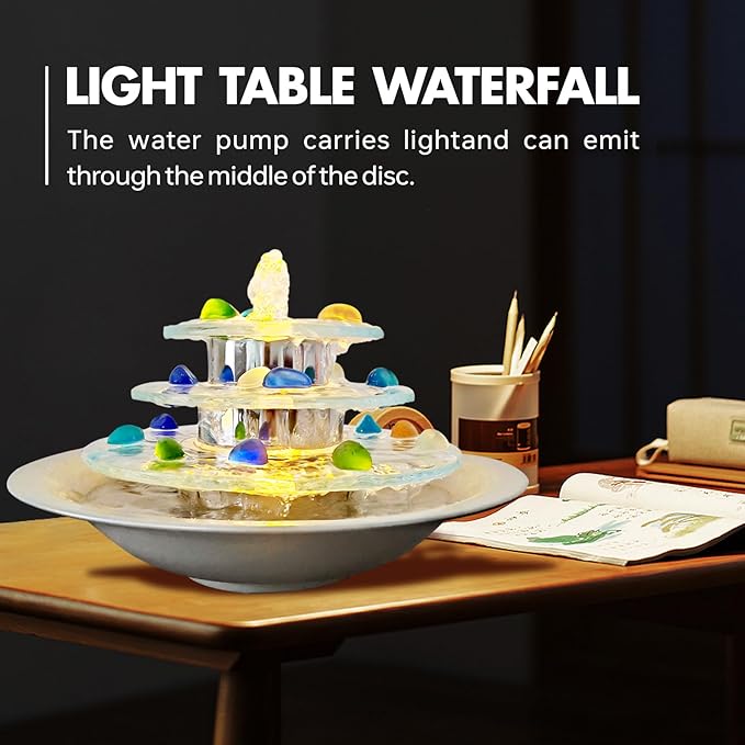 Pamopamo Indoor Tabletop Fountain 3-Tier Waterfall, Zen Meditation Fountains with LED Light, Home Desktop Soothing Sound Meditation Relaxing Water Feature for Office Room Table Decoration