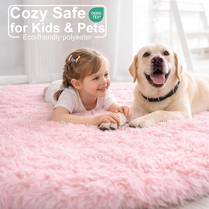 Amdrebio Light Pink Round Circle Rug 4Ft for Girls Bedroom, Fluffy Cute Area Rugs for Kids Room Decor Aesthetic, Kawaii Shag Fuzzy Fur Carpet for Nursery, Preppy Dorm, Classroom, Playroom, Teen, Baby