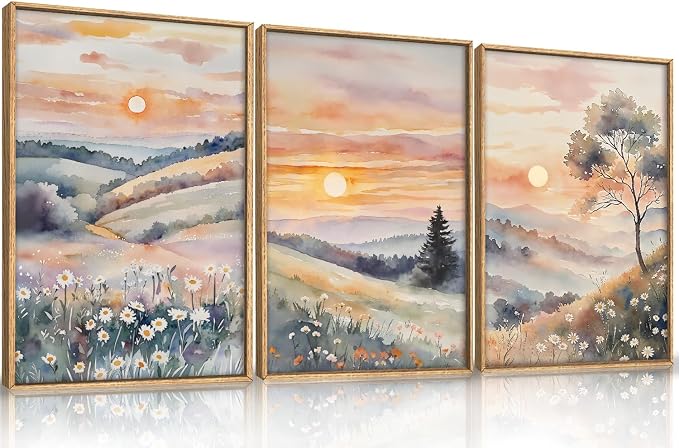 Ausril Boho Pink Sunset Framed Canvas Wall Art Set 24''X36 X3 | Colorful Flower Wall Decor Nature Daisy Art Pink Wildflower Scenery Art Print Living Room Bedroom Hallway