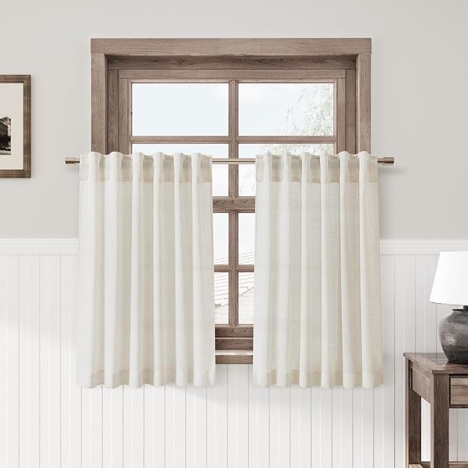Nanspring Linen Cafe Curtains 45 Inch Length Light Filtering Rustic Airy Flax Semi Sheer for Window Basement Cream Drapes for Bathroom Back Tab Rod Pocket Pleated Kitchen Curtain 38Wx45L