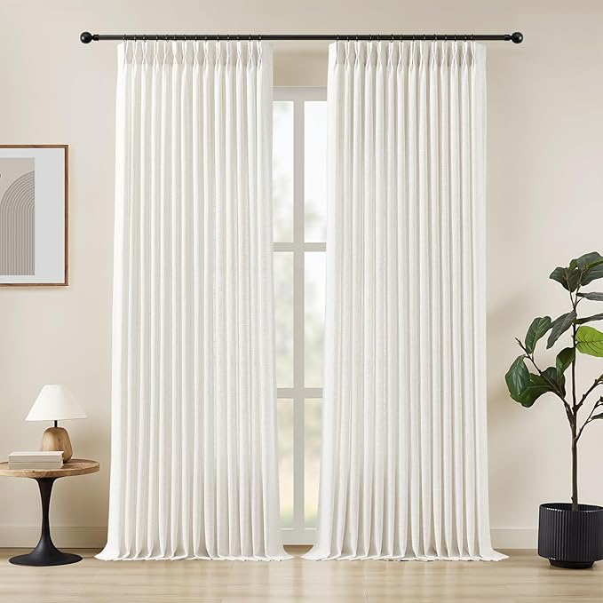 Beige White 108 Inch Curtains Pinch Pleated Curtain for Living Room, Floor to Ceiling Extra Long Light Filtering Pleat Drapes Textured Thick Semi-Sheer Curtains for Bedroom Farmhouse, 2 Panels
