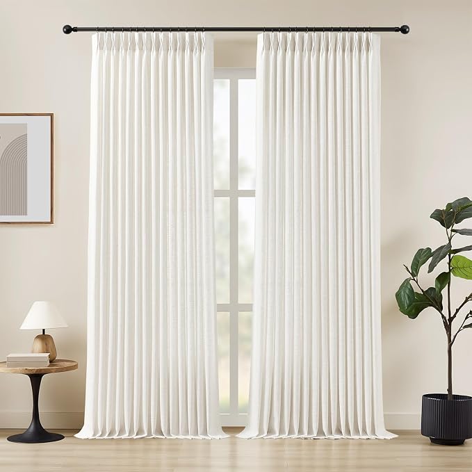 Pinch Pleated Linen Curtains 96 Inches Long for Living Room, Beige White Light Filtering Pleat Drapes Textured Thick Floor to Ceiling Semi-Sheer Curtain with Hooks for Bedroom Farmhouse, 2 Panels