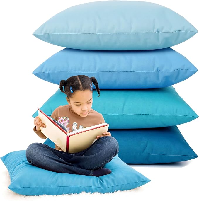 CroBlissful 4 Pieces Extra Large Floor Pillow Set, 27 x 27 x 8 Inch Kids Jumbo Floor Pillows Flexible Seating for Classroom Reading Corner Playrooms Home School, Waterproof (Blue Series)