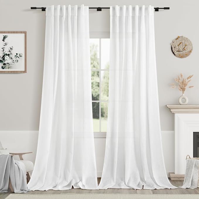 White Linen Curtains 96 Inches Long 2 Panels Set Back Tab Rod Pocket Semi Sheer Light Filtering Window Curtain Drapes Neutral Modern Aesthetic Long Curtains for Living Room Bedroom Decor 42x96