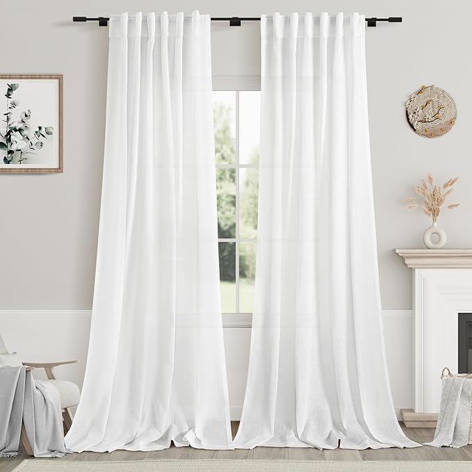 White Linen Curtains Back Tab Sheer Curtains 90 Inches Long for Living Room 2 Panels Rod Pocket Neutral Semi Sheer Light Filtering Pleated Curtain Drapes White Farmhouse Dining Room Curtain 42x90