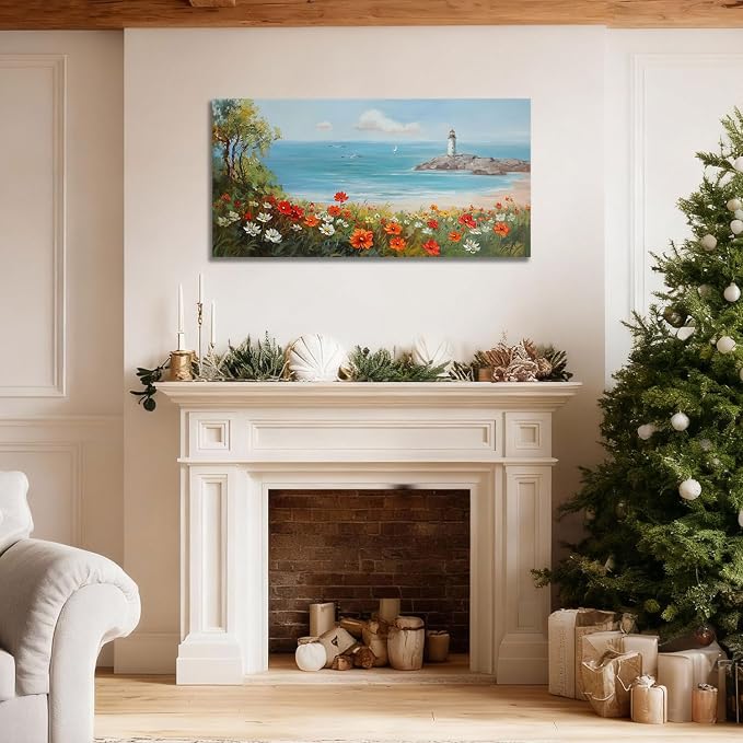 Ardemy Lighthouse Framed Canvas Wall Art for Living Room Blue Ocean Painting Seascape Landscape Coastal Picture Textured Bedroom Artwork Home Office Wall Decor, Large 40"x20"