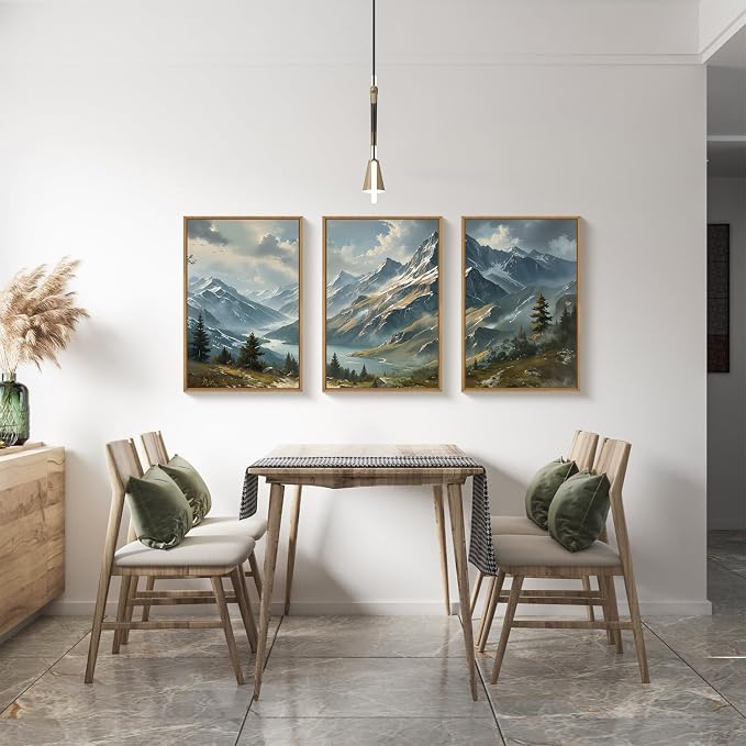 Nature Mountain Ridge Framed Canvas Wall Art Set, Boho Forest Landscape Wall Decor, Misty Woodland Cloud Wall Painting, Modern Pine Tree River Art Print for Living Room, Bedroom, Office -16"X24"X3