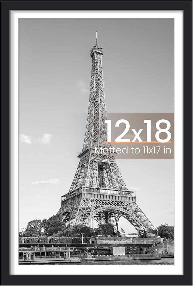 upsimples 12x18 Picture Frame, Display Pictures 11x17 with Mat or 12 x 18 Without, Wall Hanging Poster Frames, Black, 1 Pack