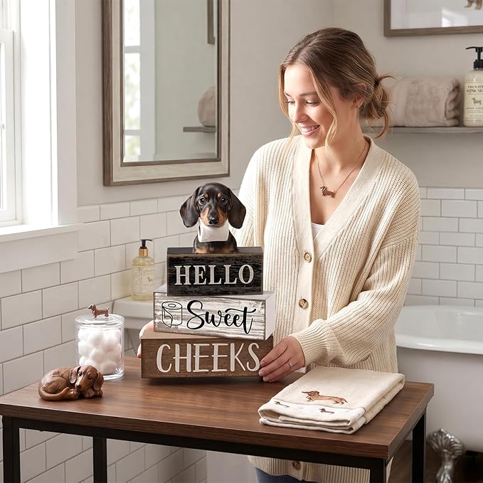 Moucuny 4 Pcs Dachshund Bathroom Decor Set Funny Toilet Wooden Tiered Tray Decor Farmhouse Dachshund Centerpiece Rustic Bathroom Shelf Decoration Hello Sweet Cheeks Decoration for Home Office