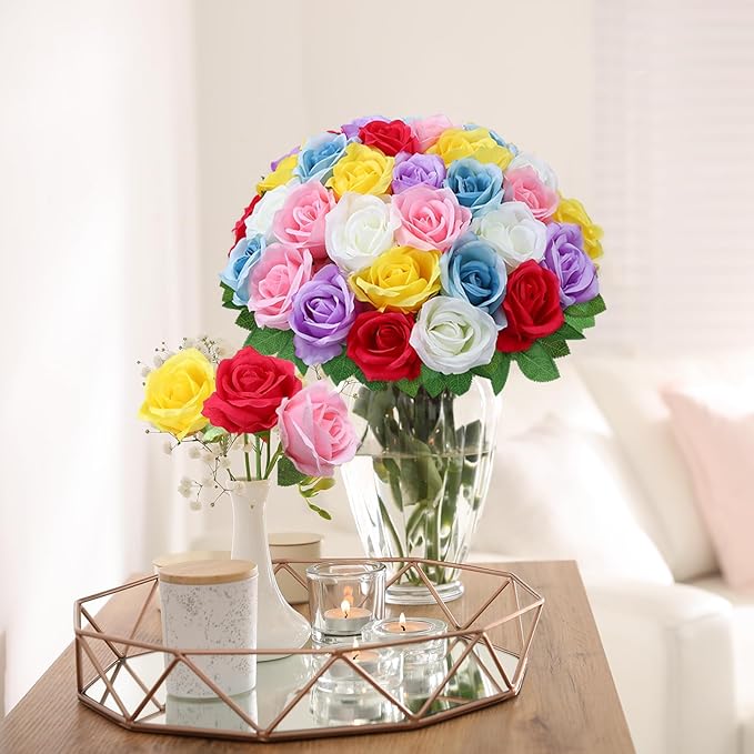 36 Pcs Mixed 6 Color Artificial Roses with Long Stems, Fake Silk Rose Artificial Flowers Bulk for Bridal Wedding Bouquet Centerpiece Ball Arrangement Party Decor