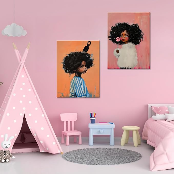 Black Kids Wall Art - Afro American Children Canvas Prints, Modern African American Portrait Paintings for Girls Bedroom, Cute Black Girl Nursery Art, Cultural Wall Decor， Framed16 x 24inches X2piece