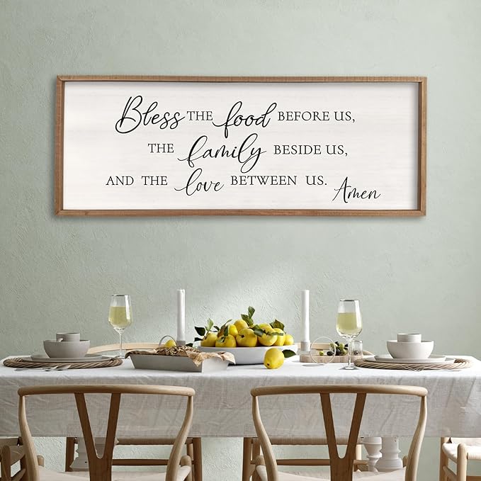 Surfapans Bless the Food Before Us Wall Decor, 32"X12" Farmhouse Dining Room Family Kitchen Sign, Christian Bible Verse Scripture Vintage Home Framed Wood Wall Art (Wood White)