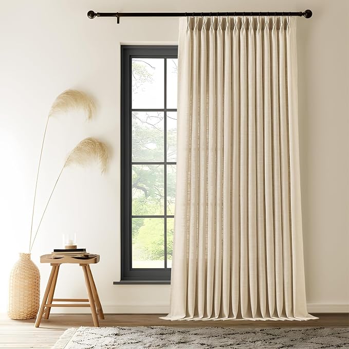 Pinch Pleated Extra Wide Linen Curtains 102 Inch Long for Sliding Glass Door, Sand Beige Light Filtering Curtain Textured Thick Semi-Sheer Pleat Drapes with Hooks for Living Room, 60W x 102 L, 1 Panel