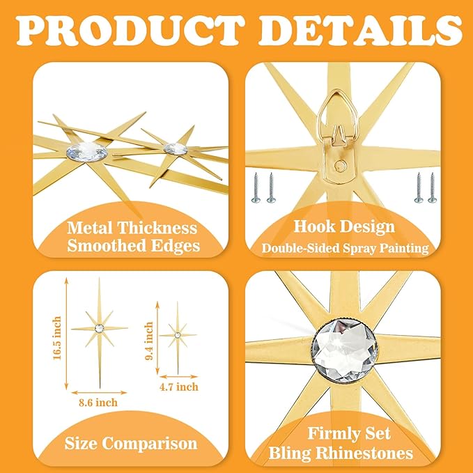 4 Pack Metal Star Wall Art 8 Pointed Starburst Wall Decor Set with 2 Large & 2 Small Pieces Mid Century Celestial Metal Wall Sculpture for Bedroom Living Room Office Gallery Wall