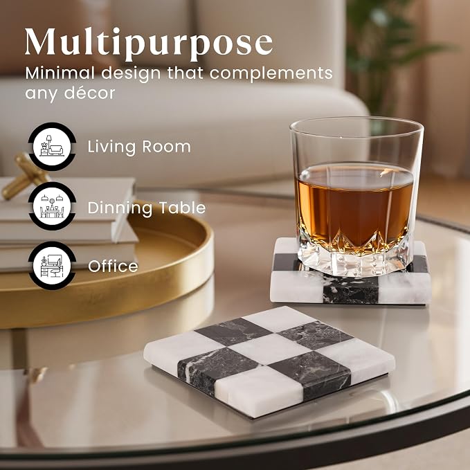 Marble Coasters Set of 4, Zebra Black & White Handmade 4 inch Square Checkered Stone Coaster, Drink Coasters for Living Room, Trendy Office Desk Accessories & Home Décor