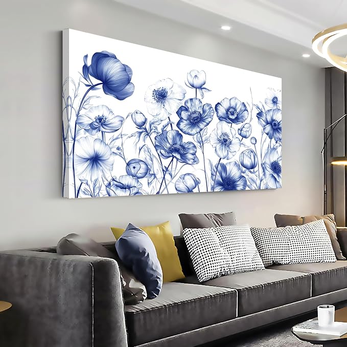 Ggaafet Navy Blue Sketch Flowers Wall Art for Bedroom Canvas Oil Painting Prints Beautiful Floral Blooming Art Deco Pretty Artwork Office Family Dining Room Decor