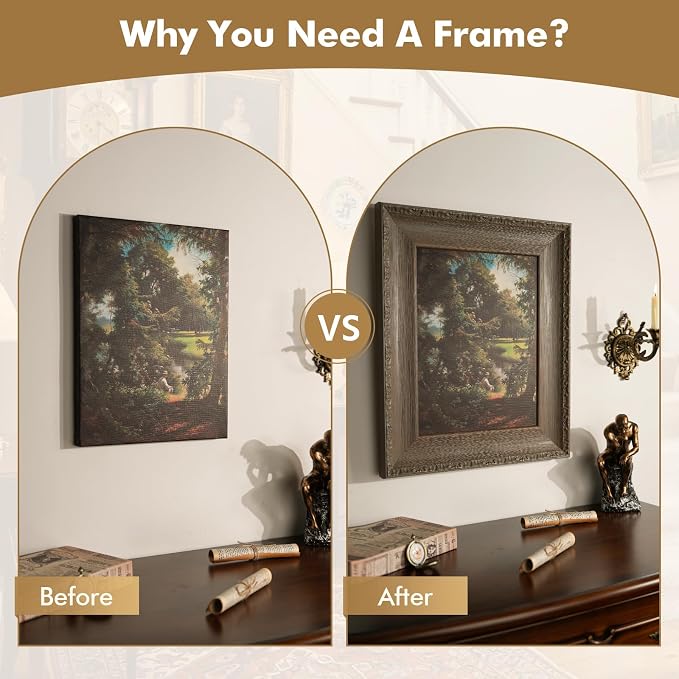 DIY Solid Wood Ornate Frame for 24x30 Rococo Paintings, 3.3" Wide Traditional Canvas Frame for Art Lover Housewarming Birthday Wedding Grandparents Teacher Gift, No Glass & Back (Gray)