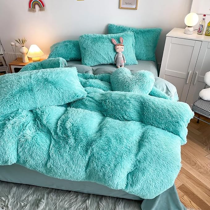 chovy Faux Fur Plush Sky Blue Comforter Sets Queen - Ultra Soft Shaggy Flannel Velvet Fluffy Fuzzy 3PC Bedding Set (Comforter x 1 Pillowcases x 2)
