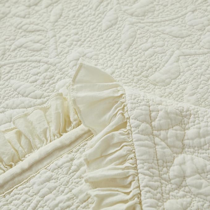 Brandream Cream Yellow White Ruffle Quilted Throw Blanket Cotton Throws for Bed Couch Daybed 47 X 60 Inch Decorative Blankets