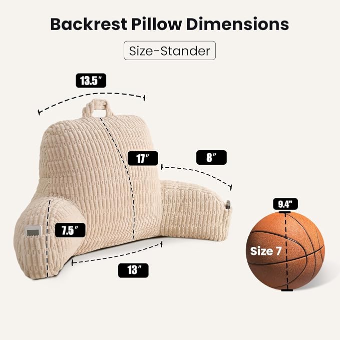 Reading Pillow for Sitting in Bed with Arm,White Corduroy, M | Sitting Pillow for Teens Back Support,17" Backrest Pillow Supports Reading,Gaming & Relaxing in Bed,Couch,Floor
