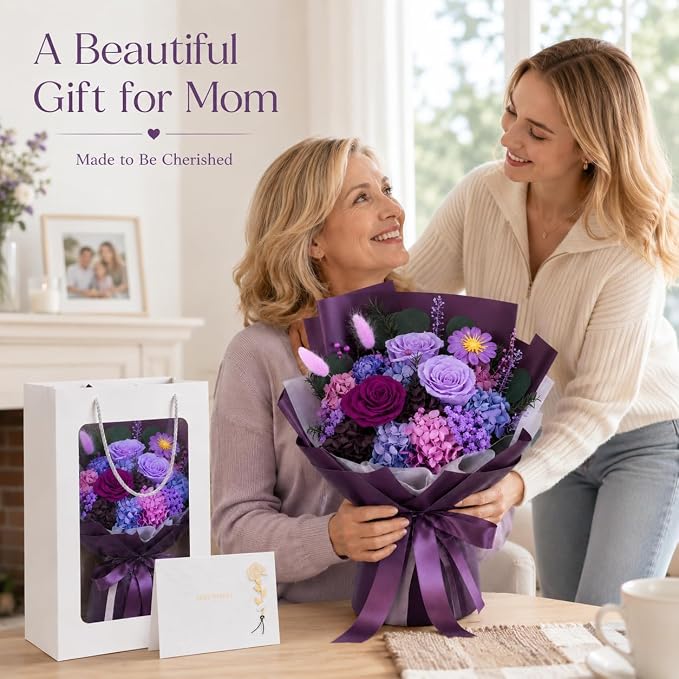 Preserved Purple Rose Bouquet, 100% Real Flowers for Women Mother Wife, Long-Lasting Eternal Roses with Gift Box, Forever Flowers for Anniversary Birthday Mother's Day, Lasts 3-5 Years