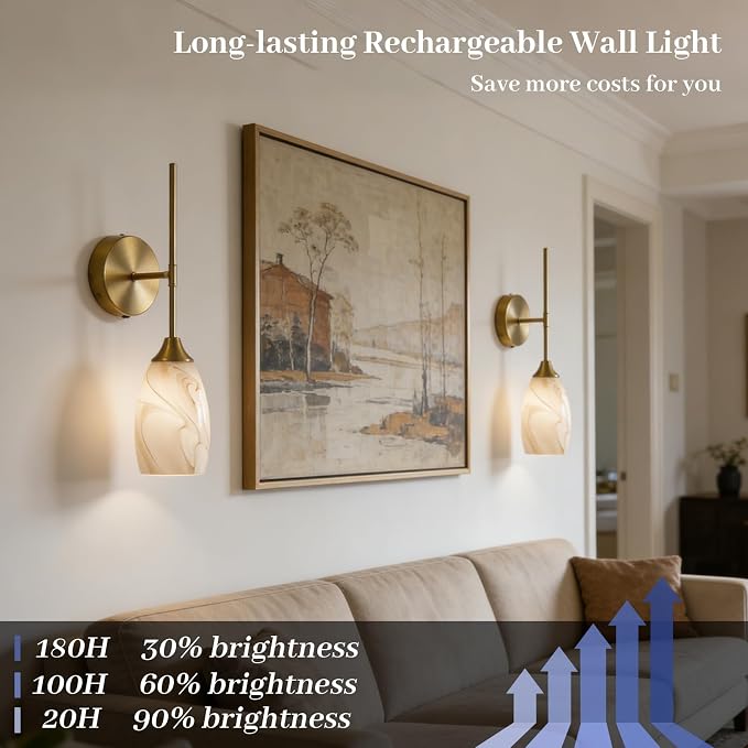 Battery Operated Wall Sconces Set of 2, Gold Rechargeable Wireless Wall Sconces with Hand-Blown Glass, Remote Control, Magnetic Mount,Dimmable 3 Colors for Bedroom Living Room Hallway