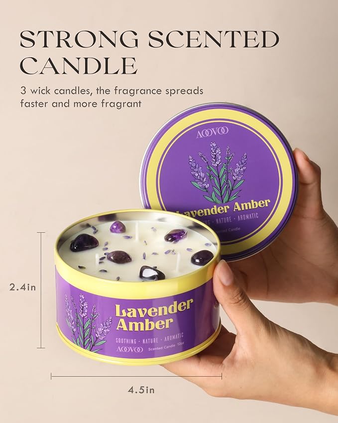 AOOVOO Lavender Amber Candle for Relaxation - 3 Wick 12oz Large Scented Candle with Amethyst & Dried Lavender Inside, Soy Wax Non Toxic for Sleep, Meditation, Aromatherapy Gift for Women Men