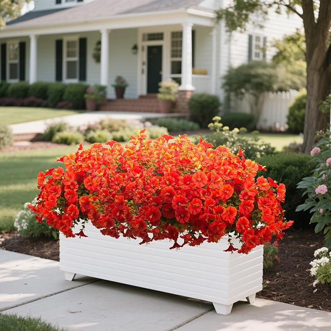 Grunyia Artificial Faux Flowers for Outdoor 16 Bundles Boxwood Fake Morning Glory for Planter,UV Resistant Fake Flowers for Home Porch Patio Outside (Orange)