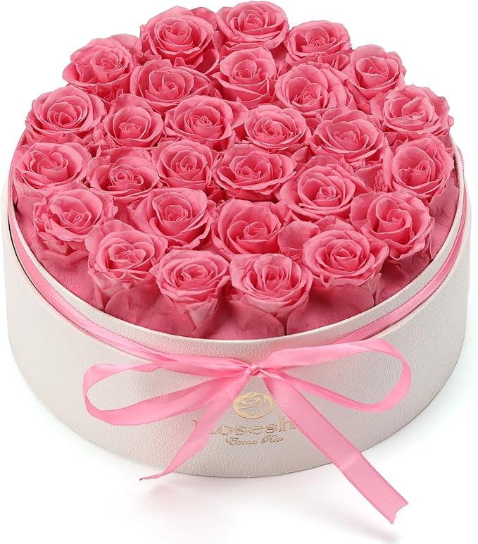 Valentines Day Flowers Roses Gifts for Her,28pcs Pink Forever Preserved Roses in Round Gift Box,Valentines Day Delivery Prime Gifts-Roses Gifts for Women,Mom.