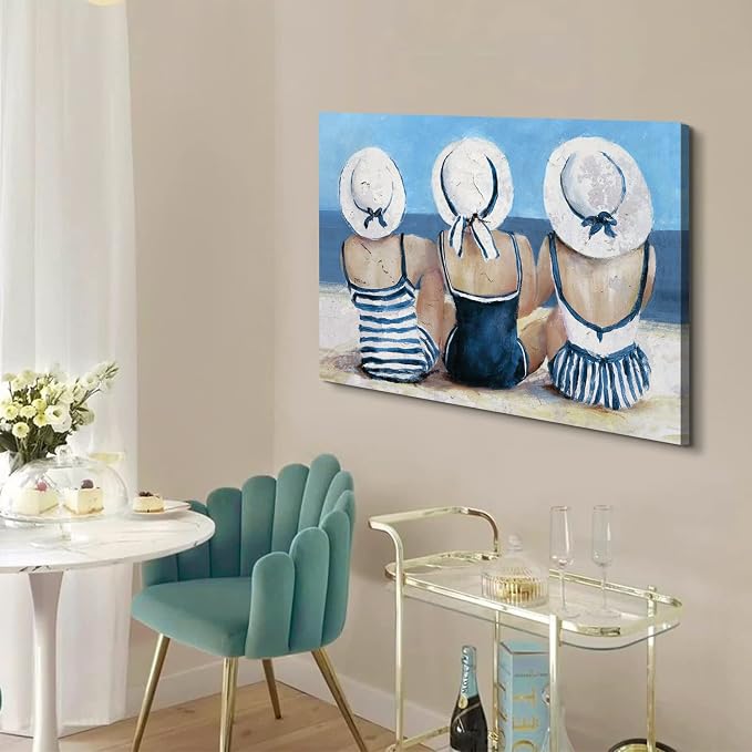 Vintage Beach Wall Art Coastal Bathroom Decor for Girl Navy Blue and White Tropical Ocean Seascape Canvas Prints Picture Retro Swimsuit Woman Nautical Artwork for Living Room Bedroom Decoration 24x36"