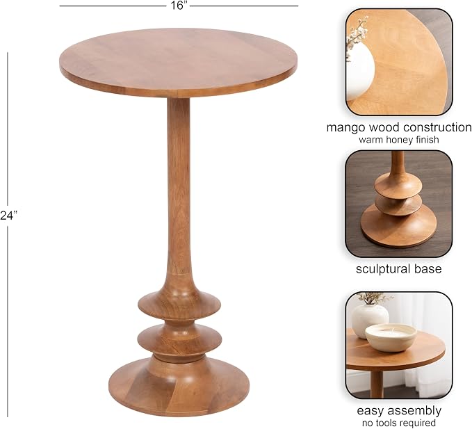Kate and Laurel Squires Modern Mango Wood Round Side Table, 16 x 16 x 24, Warm Natural, Sculptural Pedestal Circle End Table for Use as a Bedroom Nightstand or Living Room Plant Stand Option