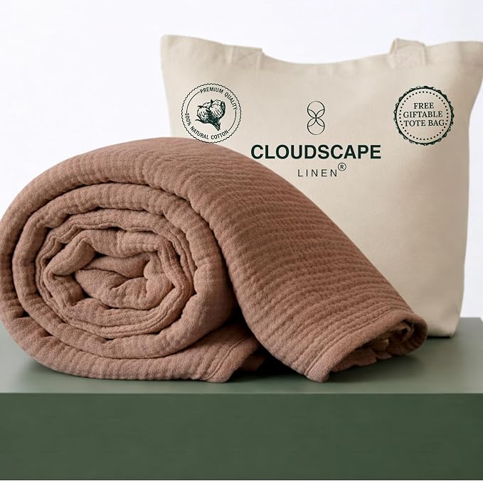 CLOUDSCAPE 4 Layer Muslin Blanket for Adults - 100% Cotton Blankets Twin Size for All Season - 68"x92" Fits Upto TwinXL Bed - Soft Lightweight Breathable Cotton Blankets for Summer - Mocha Mousse