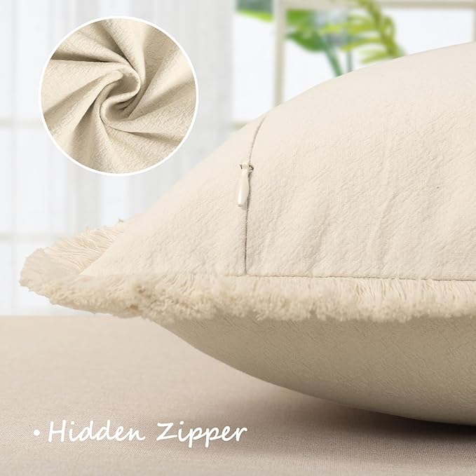 ZWJD Pillow Covers 16x16 Set of 2 Beige Throw Pillow Covers with Fringe Chic Cotton Decorative Pillows Square Cushion Covers for Sofa Couch Bed Living Room Farmhouse Boho Decor