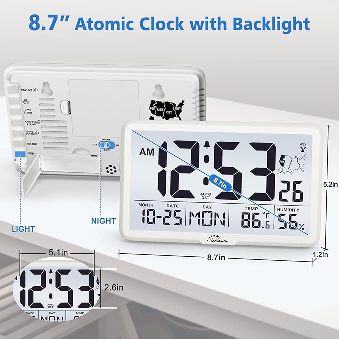 WallarGe Atomic Wall Clock with Backlight, Digital Wall Clock Battery Operated for Classroom, Bedroom, Office, Large Display with Indoor Temperature, Humidity, Date, AUTO DST, 6 Time Zones