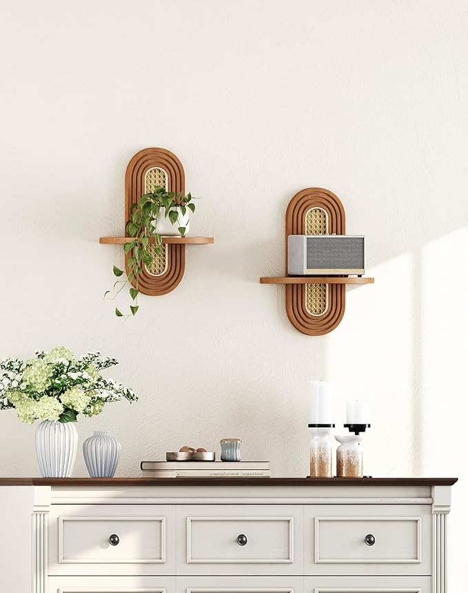 Floating Shelves for Wall, Boho Home Wall Decor,Rattan Plant Shelf Set of 2, Mid Century Small Decorative Shelf, Natural Wood Shelves for Living Room,Bedroom,House,Office (Walnut)