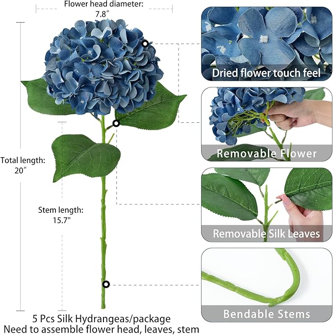 ZYTUYO 5 Pcs Dark Blue Silk Hydrangeas Artificial Flower Boho Dried Touch 20'' Faux Hydrangeas for Fall Indoor Home Decor Kitchen Living Room Outdoor Porch Wedding Flower Arrangement