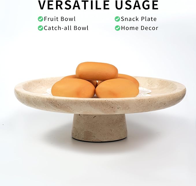 Marble Fruit Bowl for Kitchen - 11.8" Travertine Decorative Stone Pedestal Bowls for Home Decor, Footed Fruits Holder For Dining Table Counter Organization