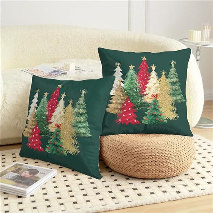 Christmas Pillow Covers 24x24 Set of 2 Colorful Xmas Tree Throw Pillow Covers Green Winter Holiday Decorative Pillowcase Double Sided Printing Cushion Case for Home Decor Sofa Couch