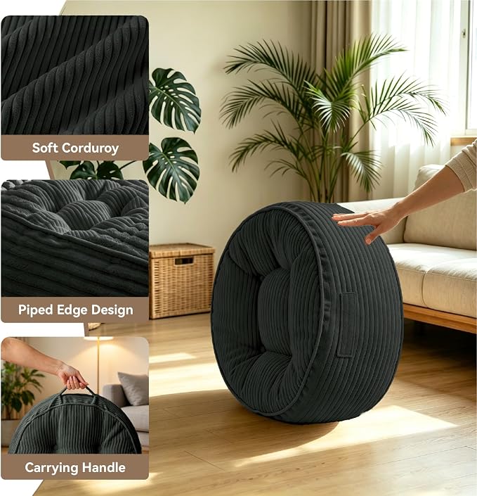 11" Washable Round Floor Pillow for Adults Thick Meditation Cushion for Sitting Large Yoga Pillows on Floor Ottoman to Elevate Leg for Tatami Living Room, 22x22 Inch, Dark Gray