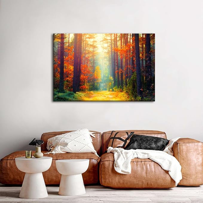 Large Fall Pictures Wall Art Autumn Forest Scenery Canvas Prints Living Room Bedroom Decor Nature Tree Poster Orange Maple Leavers Landscape Paintings Bathroom Sunshine Artwork Home Decorations 32x48