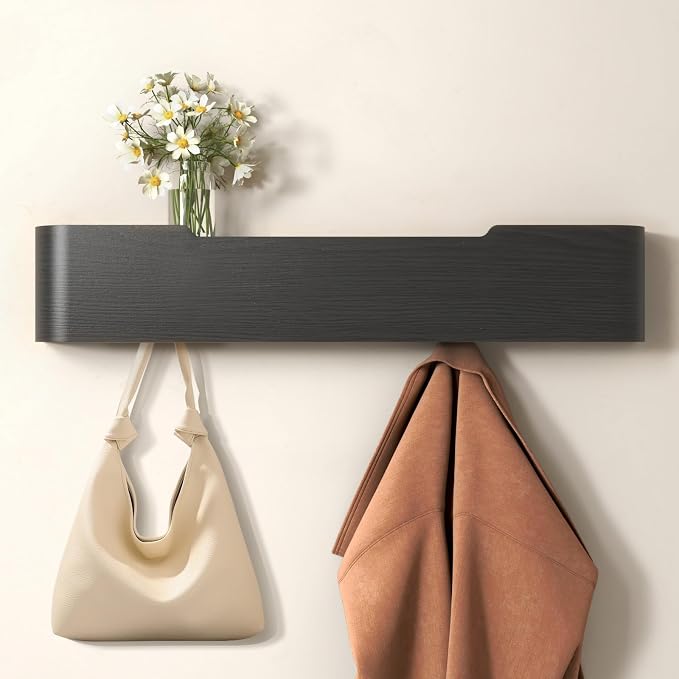 Wall Mounted Coat Rack with Shelf, Wooden Entryway Organizer with Hidden Metal Hooks for Hanging Coats Bags Keys, Modern Floating Shelf for Hallway Bathroom