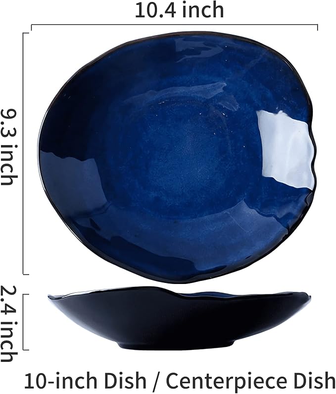10 Inch Ceramic Decorative Plate, Blue Reactive Glaze Shallow Dish | Handcrafted entryway console display. Elegant artisan platter.