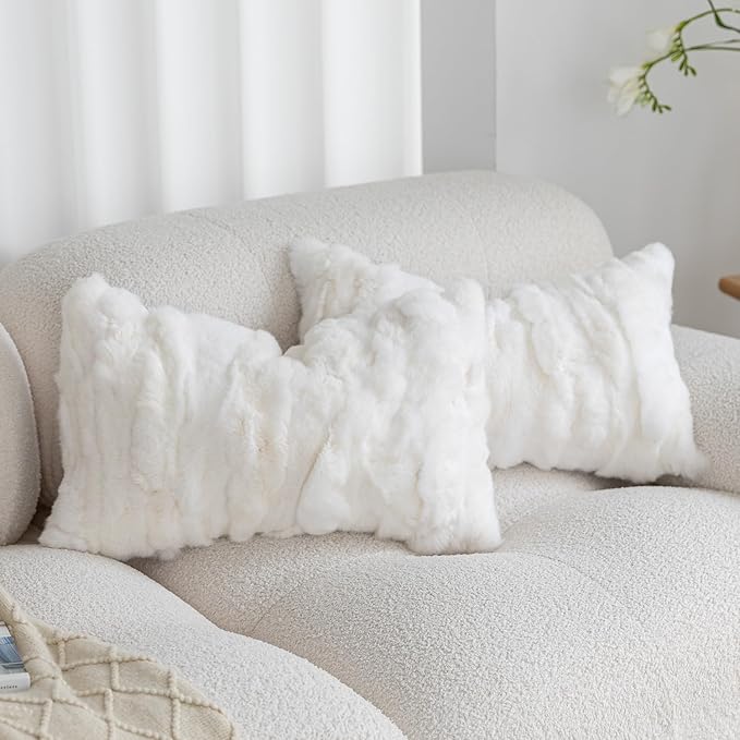 Genuine Rabbit Fur Throw Pillow Covers Set of 2,Luxury Decorative Pillowcases Soft Fluffy Animal Skin Accents Bolster Cushion Cover for Couch Sofa Bedroom Living Room Home,12x20inch,White