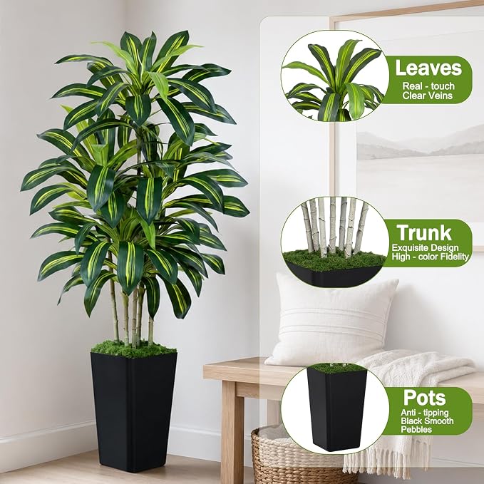 Dracaena Plant Artificial Tree 5Ft Tall Fake Tropical Floor Plants Potted (Real Touch) Artificial Silk Tree Leaf Faux Trees Black Tall Planter for Home Office Living Room Indoor Outdoor Decor