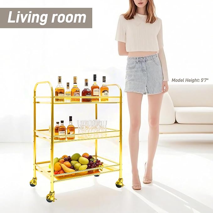 susunnus 3-Tier Gold Stainless Steel Bar Cart with Lockable Wheels,Home bar | Electroplated golden coating,with 4D guardrail,fall prevention,rustproof,wheels upgrated,for kitchen,living room,dinner party
