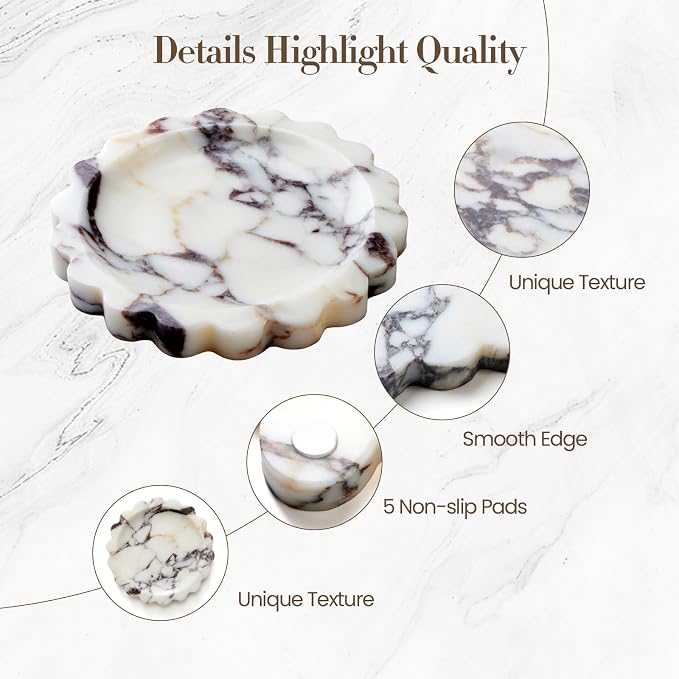 SAMAH Calacatta Viola Natural Marble Tray, Scalloped Bathroom Tray, Luxury Decorative Trays for Bathroom, Vanity, Dresser, Kitchen & Home Decor, Housewarming Gifts New Home (Round)