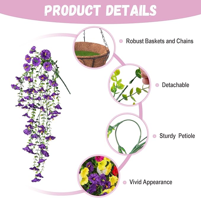 INXUGAO Artificial Flowers with Hanging Basket, Outdoor Faux Plants Silk Morning Glory Vines, Fake Petunias for Garden Patio Spring Summer Decor, 12 pcs Mixed Color